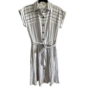 Calvin Klein ~ White with blue stripes belted dress ~ capped sleeves ~ size 2